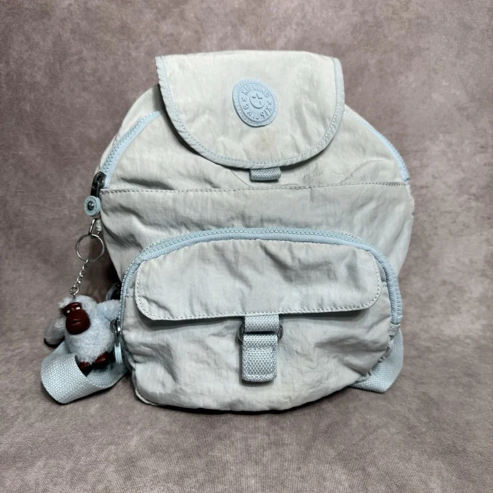 KIPLING Queenie Light Blue Backpack Top Handle Nylon w/ monkey